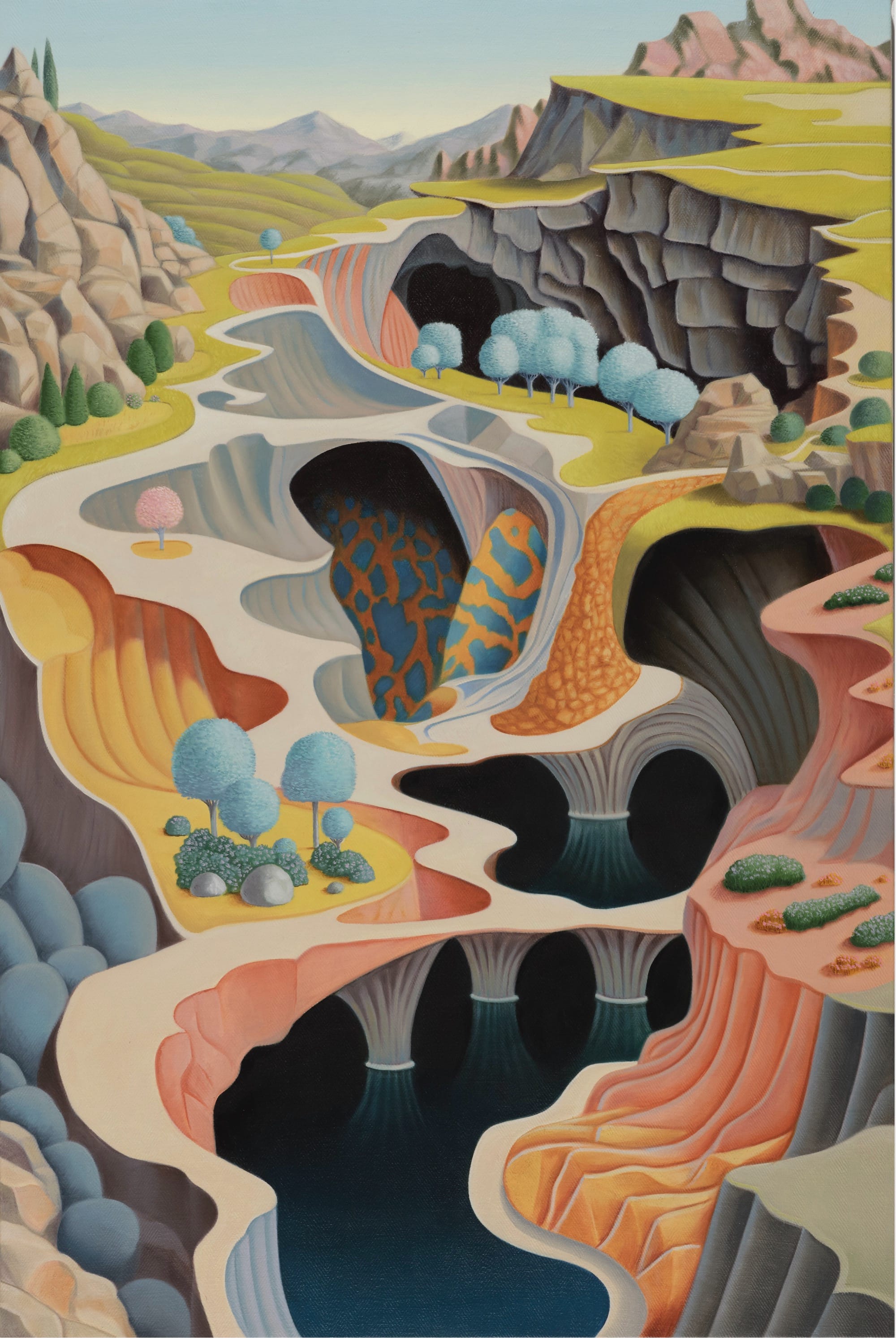 A surreal landscape painting by Gabe Benzur of different levels that appear to be sticky or melting