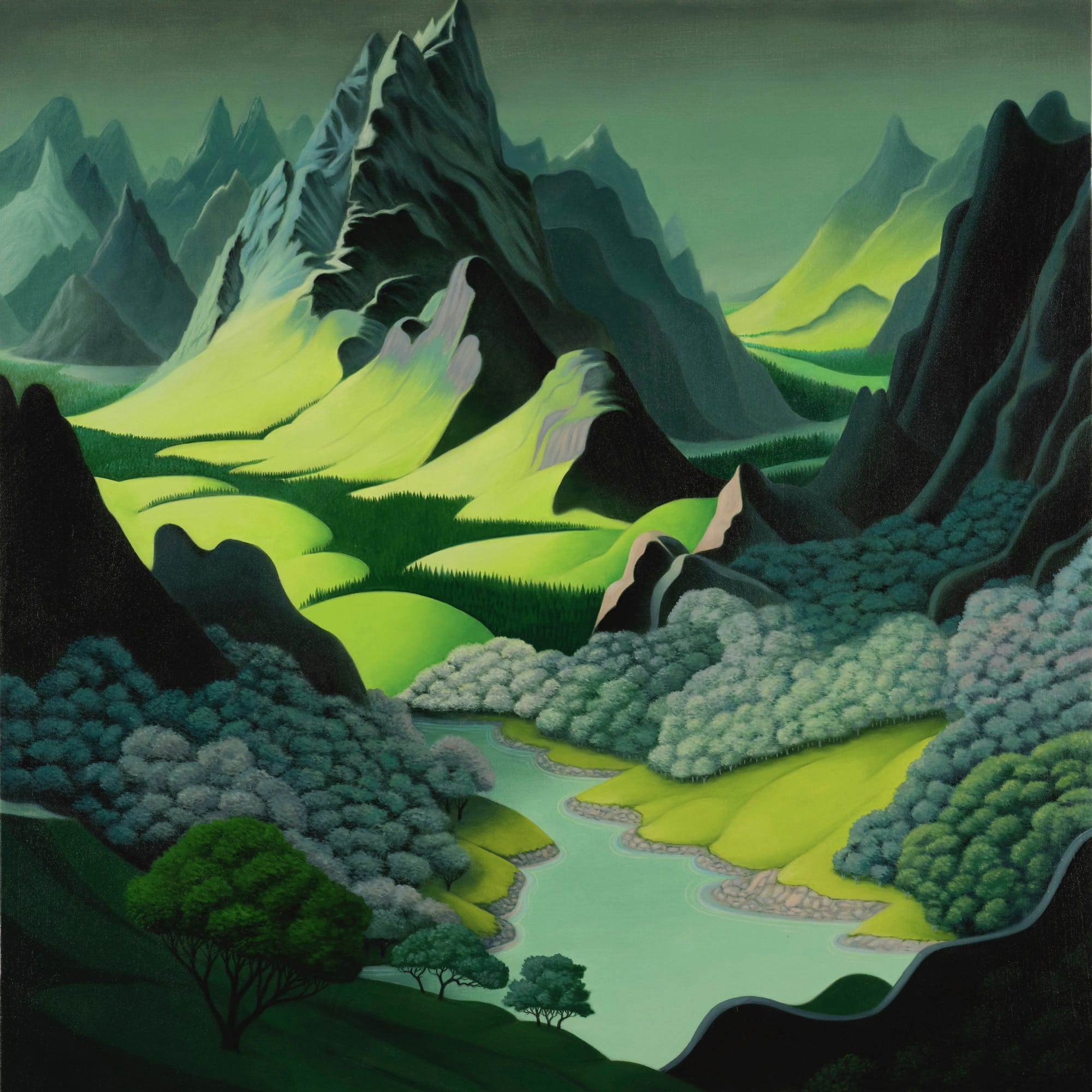 A landscape painting by Gabe Benzur of a green-hued landscape with sharply tall mountains and a river valley in the foreground