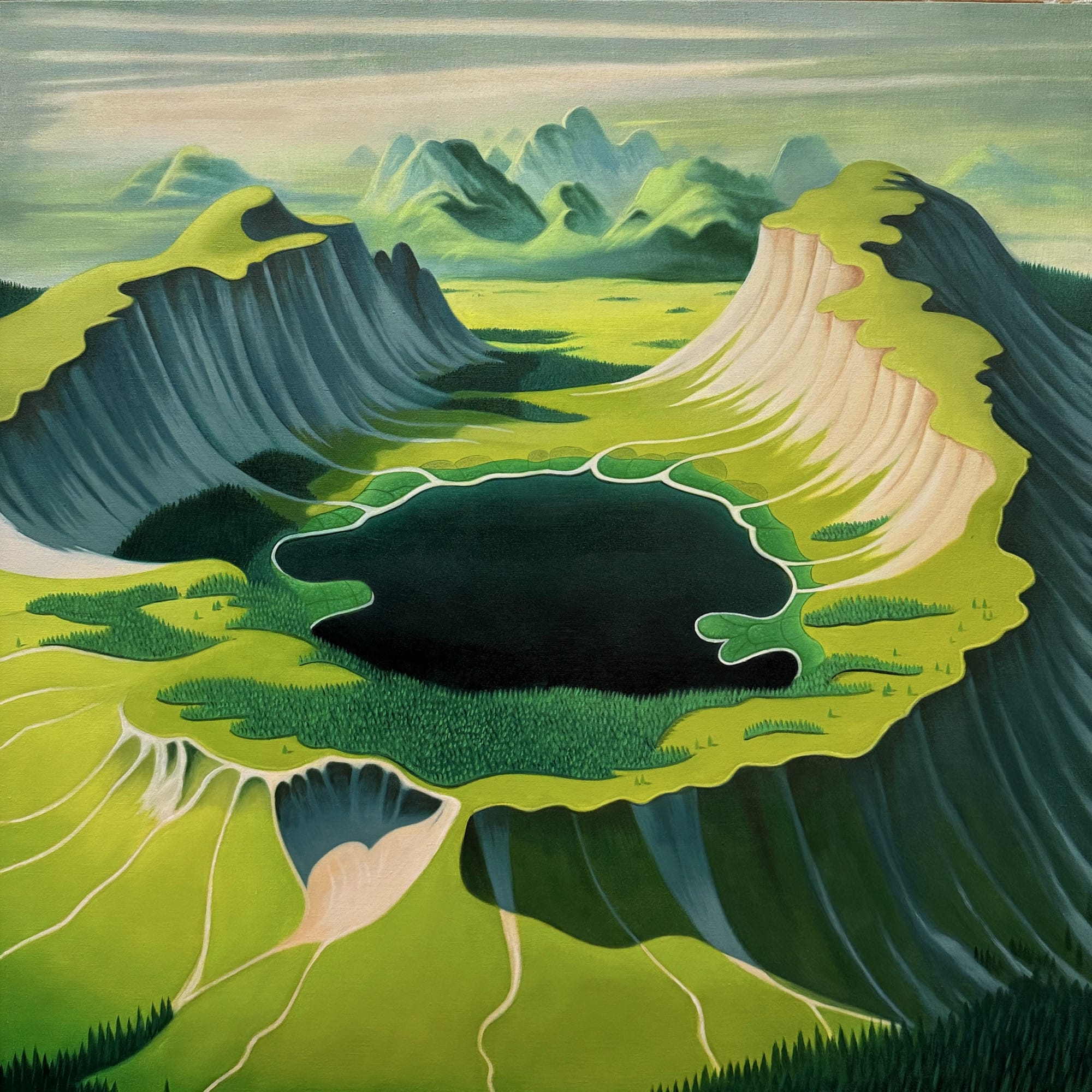 A landscape painting by Gabe Benzur of an aerial view of a caldera