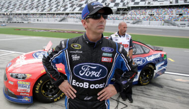 Greg Biffle looks up at the scoring monitor after he qualified for Saturday night's NASCAR Sprint Cup race at Daytona International Speedway, Friday, July 1, 2016, in Daytona Beach, Fla. (John Raoux/AP)