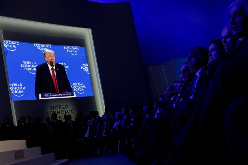 Members of the Trump administration and other attendees listen to U.S. President Donald Trump's remarks during the 56th annual World Economic Forum (WEF), in Davos, Switzerland, on Wednessday.