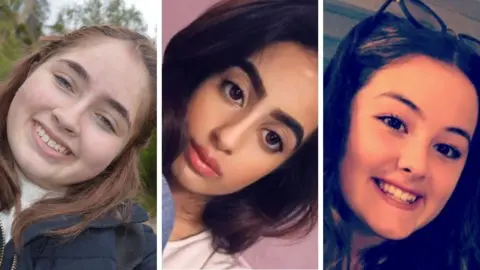 Family handouts A composite image showing the faces of Christie Harnett, Nadia Sharif and Emily Moore. Miss Harness has shoulder-length auburn hair and blue eyes. She is smiling at the camera. Miss Sharif has long dark hair and brown eyes. She is looking at the camera, posing with a neutral expression. Miss Moore has long light brown hair with a side parting and brown eyes. She smiles at the camera.