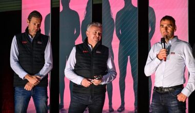 Lotto-Intermarch&eacute;'s CEO Jean-Fran&ccedil;ois Bourlart (c) at the 2026 team presentation