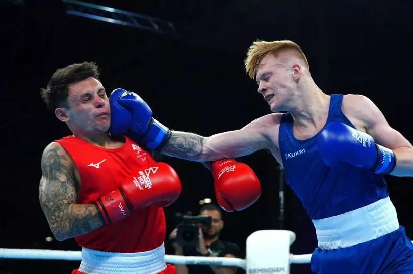 Wales' Jake Dodd (Red) and England's Kiaran Macdonald (Blue) in the Men's Fly (48-51kg) Semi-Final at The NEC on day nine of the 2022 Commonwealth Games in Birmingham