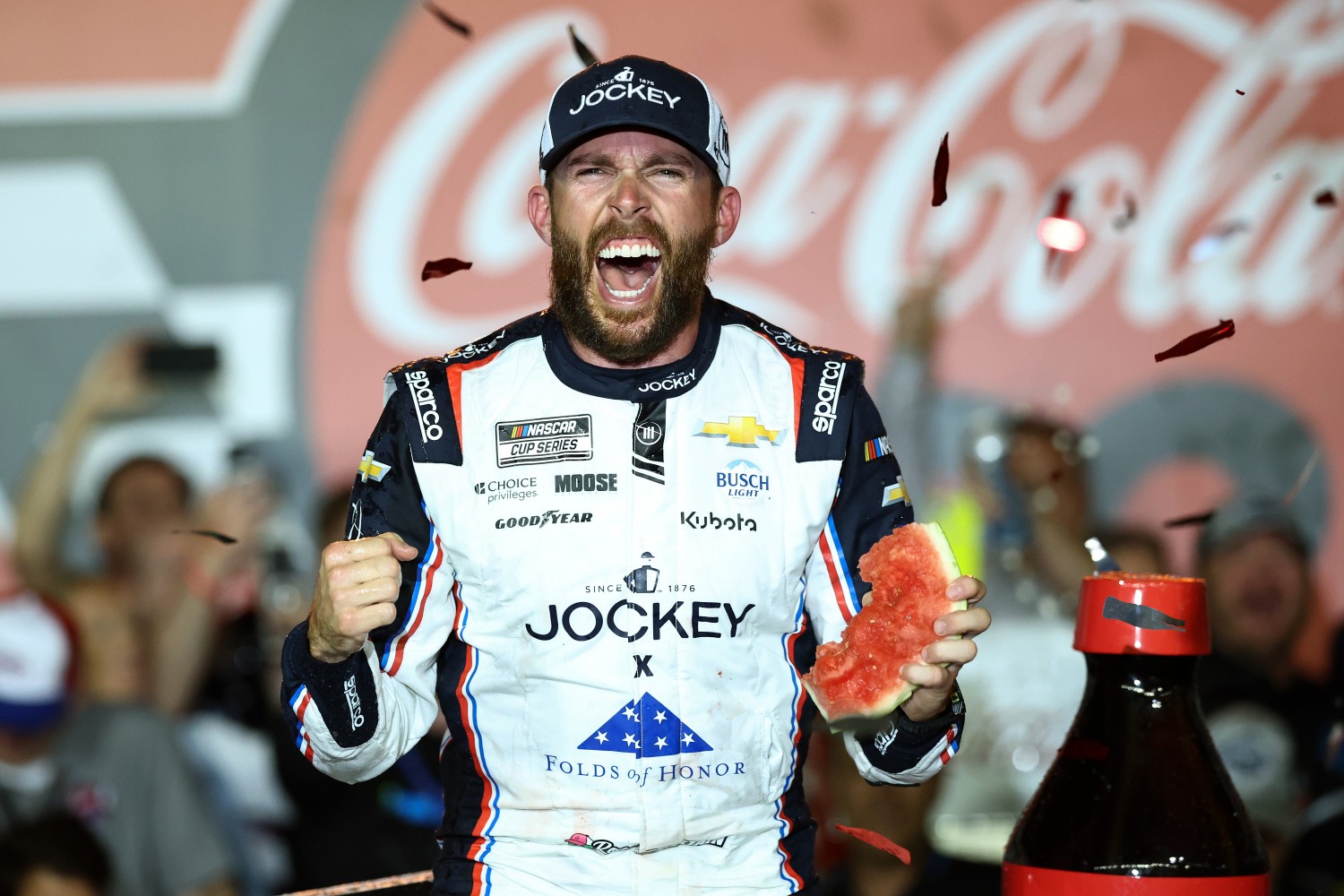 Ross Chastain, driver of the #1 Jockey x Folds of Honor Chevrolet, celebrates in victory lane after winning the NASCAR Cup Series Coca-Cola 600 at Charlotte Motor Speedway on May 25, 2025 in Concord, North Carolina. (Photo by Jared C. Tilton/Getty Images)
