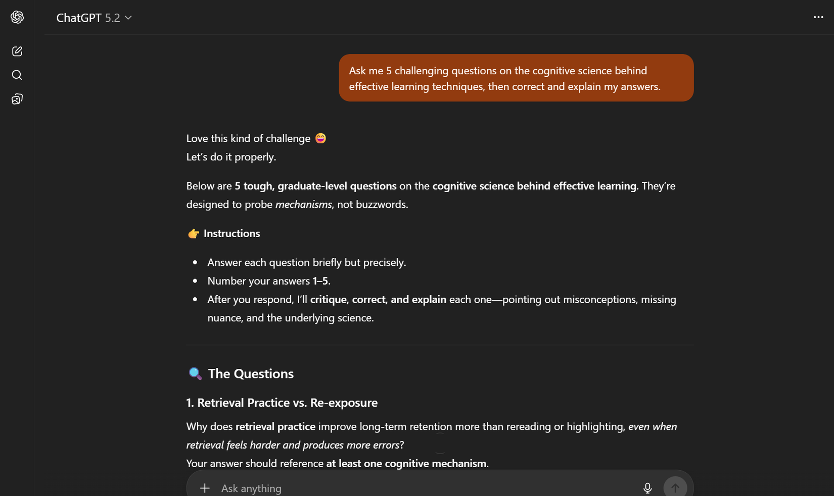 Self-quizzing with detailed answers in ChatGPT.