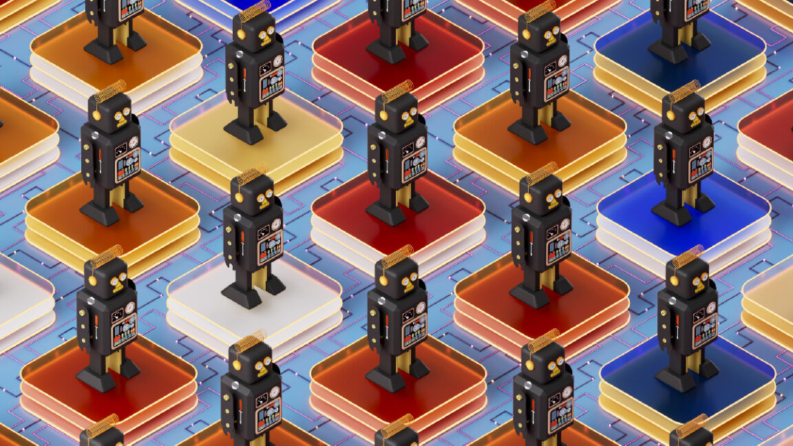Illustration of Retro Robots on Glass Blocks -- AI coding Agents