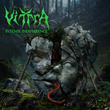 Album cover for Vittra’s Intense Indifference, self-released September 19th, 2025. The artwork depicts a massive cracked stone head lying in a dark, misty forest. The face is split open, propped up by wooden beams, with ferns and plants growing out of the fractures. A shadowy figure with glowing eyes peers from inside the hollow, wearing a red scarf. At the bottom, a bright red snake slithers across mossy rocks near scattered bones and skulls.