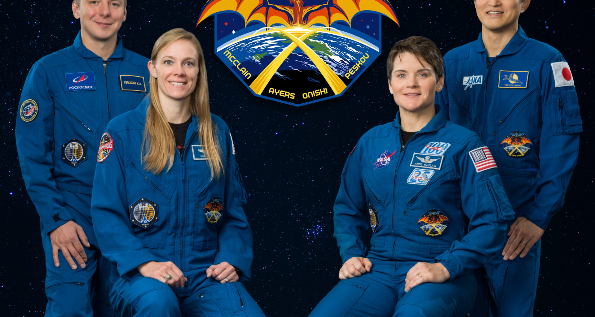 Official crew portrait for NASA’s SpaceX Crew-10 mission with NASA astronauts Anne McClain and Nichole Ayers, JAXA (Japan Aerospace Exploration Agency) astronaut Takuya Onishi, and Roscosmos cosmonaut Kirill Peskov.