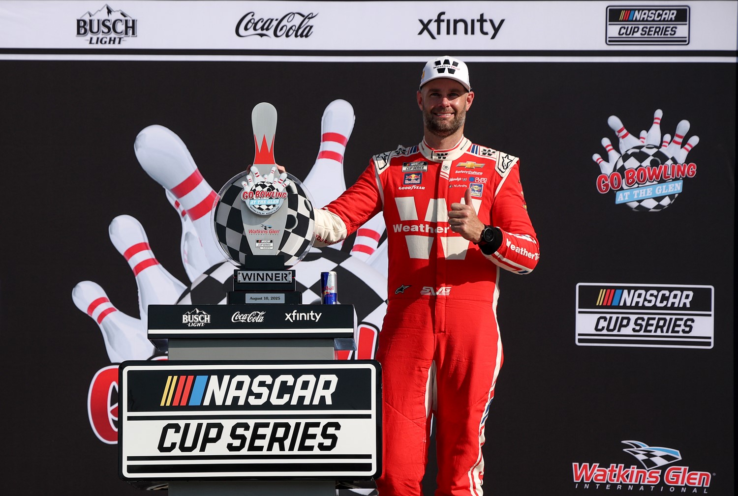 Shane Van Gisbergen, driver of the #88 WeatherTech Chevrolet, celebrates in victory lane after winning the NASCAR Cup Series Go Bowling at The Glen at Watkins Glen International on August 10, 2025 in Watkins Glen, New York. (Photo by Chris Graythen/Getty Images)