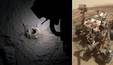 Split image: Left shows a drilled hole in rocky Martian soil; right shows NASA’s Curiosity rover on Mars' surface, equipped with scientific instruments and cameras, with a dusty, rocky landscape in the background.