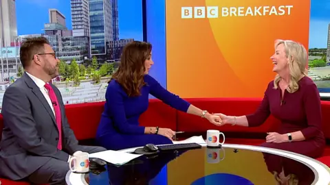 Carol Kirkwood with Jon Kay and Sally Nugent on BBC Breakfast