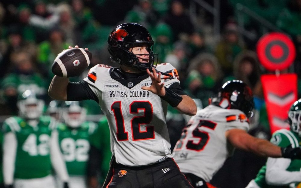 B.C. Lions quarterback Nathan Rourke (12) throws against the Saskatchewan Roughriders during the first half of CFL West Division Final football action in Regina, on Saturday, November 8, 2025. THE CANADIAN PRESS/Heywood Yu