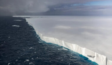 The iceberg known as A-23a, noted for its striking blue stripes, drifts near ear South Georgia Island on Dec. 26, 2025. It broke loose from Antarctica in 1986 but is expected to soon melt away in the warmer northern waters. - Yahoo News Canada