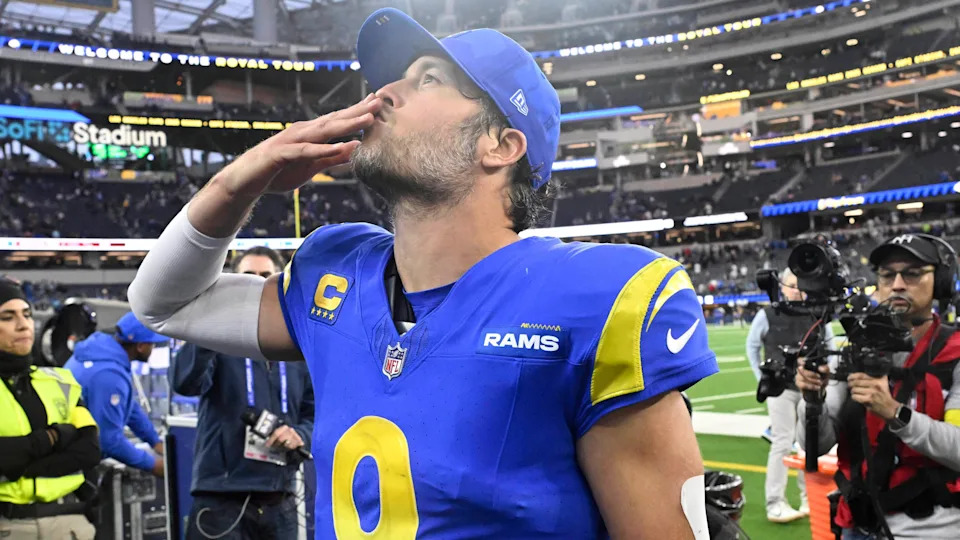 Matthew Stafford of the Los Angeles Rams blows a kiss to fans