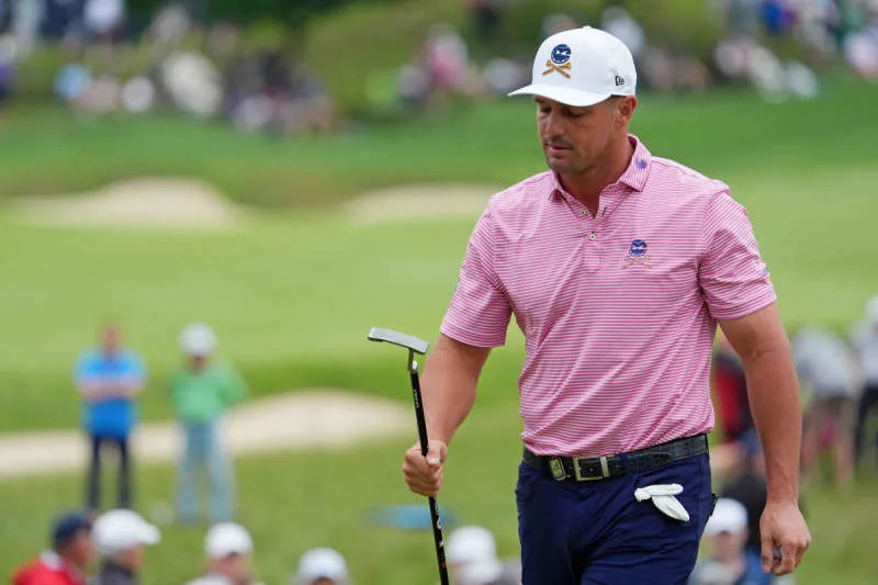 May 17, 2024; Louisville, Kentucky, USA; Bryson DeChambeau reacts after a shot on the first hole during the second round of the PGA Championship golf tournament at Valhalla Golf Club. Mandatory Credit: Jon Durr-USA TODAY Sports