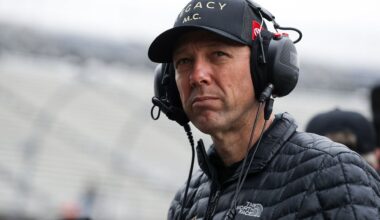 Apr 27, 2024; Dover, Delaware, USA; Former NASCAR Cup Series driver Matt Kenseth looks on during practice and qualifying for the Wurth 400 at Dover Motor Speedway.