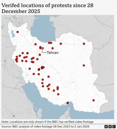A BBC graphic showing locations of verified protests in Iran. 