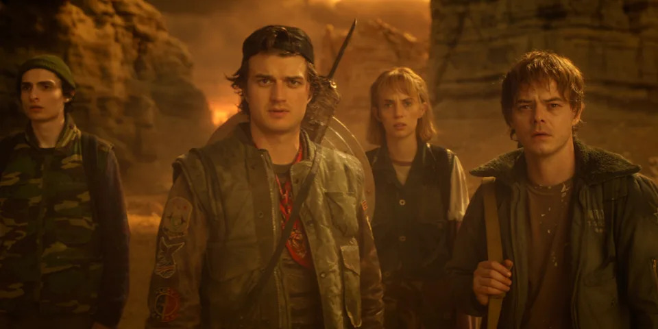 STRANGER THINGS: SEASON 5. (L to R) Finn Wolfhard as Mike Wheeler, Joe Keery as Steve Harrington, Maya Hawke as Robin Buckley, and Charlie Heaton as Jonathan Byers in Stranger Things: Season 5. Cr. COURTESY OF NETFLIX © 2025