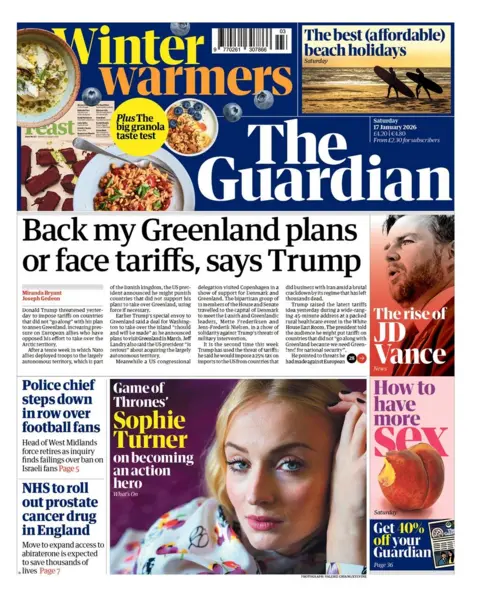 "Back my Greenland plans or face tariffs, says Trump" reads the headline on the front page of the Guardian.