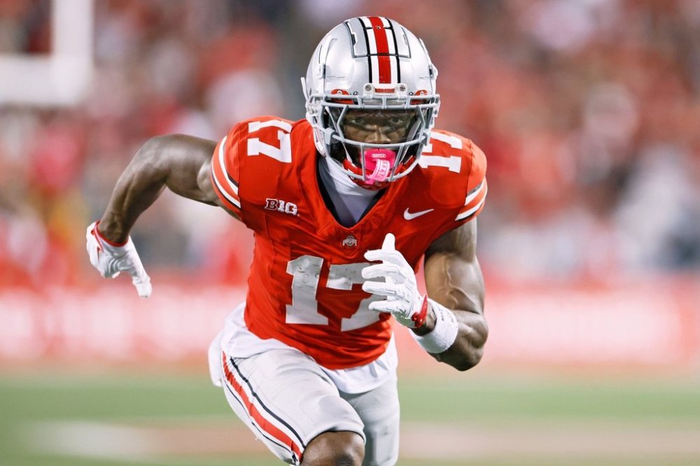 FILE - Ohio State receiver Carnell Tate plays against Ohio State during an NCAA college football game, Oct. 4, 2025, in Columbus, Ohio. (AP Photo/Jay LaPrete, File)