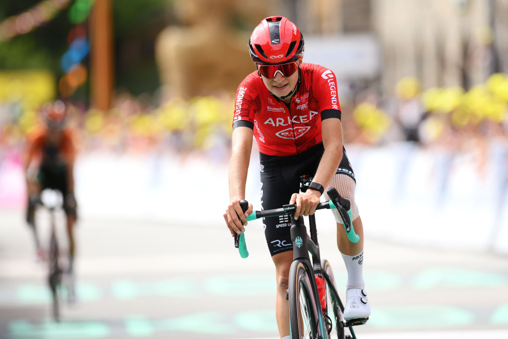 LE GRAND BORNAND, FRANCE - AUGUST 17: Valentina Cavallar of Austria and Team Arkea - B&amp;B Hotels Women crosses the finish line during the 3rd Tour de France Femmes 2024, Stage 7 a 166.4km stage from Champagnole to Le Grand Bornand 1265m / #UCIWWT / on August 17, 2024 in Le Grand Bornand, France. (Photo by Alex Broadway/Getty Images)