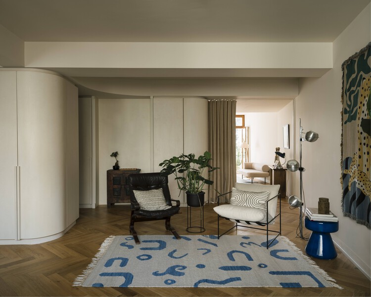 Estrela Apartment - Lucky Star / Spacegram - Interior Photography, Living Room, Wood, Lighting, Chair, Table