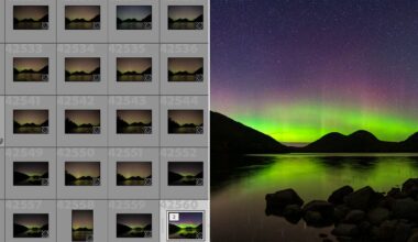 A photo editing interface shows a grid of image thumbnails on the left and a large photo of a glowing green and purple aurora over a calm lake and hills under a starry sky on the right.