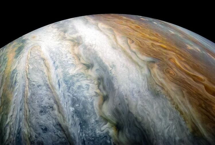 Image of Jupiter's atmosphere and clouds by NASA's Juno spacecraft. (Credit: NASA / JPL-Caltech / SwRI / MSSS / Kevin M. Gill)