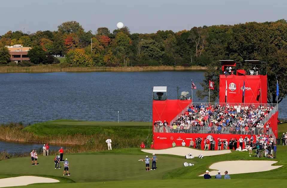A general view of the tenth green during afternoon fourball matches of the 2016 Ryder Cup at Hazeltine National Golf Club on September 30, 2016 in Chaska, Minnesota.