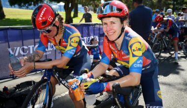 GEELONG, AUSTRALIA - FEBRUARY 01: (L-R) Clara Copponi of Italy and Amanda Spratt of Australia and Team Lidl - Trek react after the 9th Cadel Evans Great Ocean Road Race 2025, Women&amp;apos;s Elite a 141.8km one day race from Geelong to Geelong / #UCIWWT / on February 01, 2025 in Geelong, Australia. (Photo by Dario Belingheri/Getty Images)