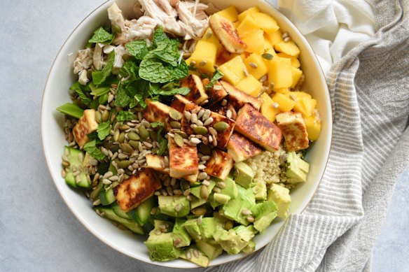 Chicken, halloumi and quinoa provide the fuel while mango and avocado bring the summer vibes.
