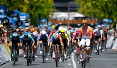 NAIRNE, AUSTRALIA - JANUARY 23: Sam Welsford of Australia and Team INEOS Grenadiers (R) celebrates at finish line as stage winner ahead of (L-R) Aaron Gate of New Zealand and XDS Astana Team and Lewis Bower of New Zealand and Team Groupama - FDJ United during the 26th Santos Tour Down Under 2026, Stage 3 a 140.8km stage from Henley Beach to Nairne / #UCIWT / on January 23, 2026 in Nairne, Australia. (Photo by Con Chronis/Getty Images)