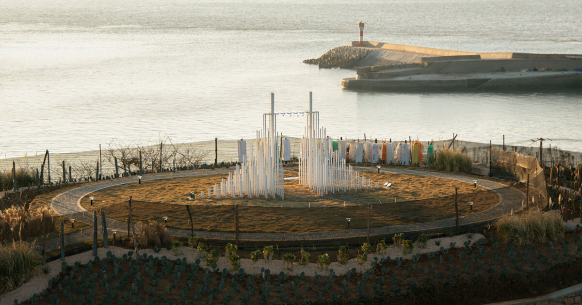 forest of steel pillars creates swinging installation in china