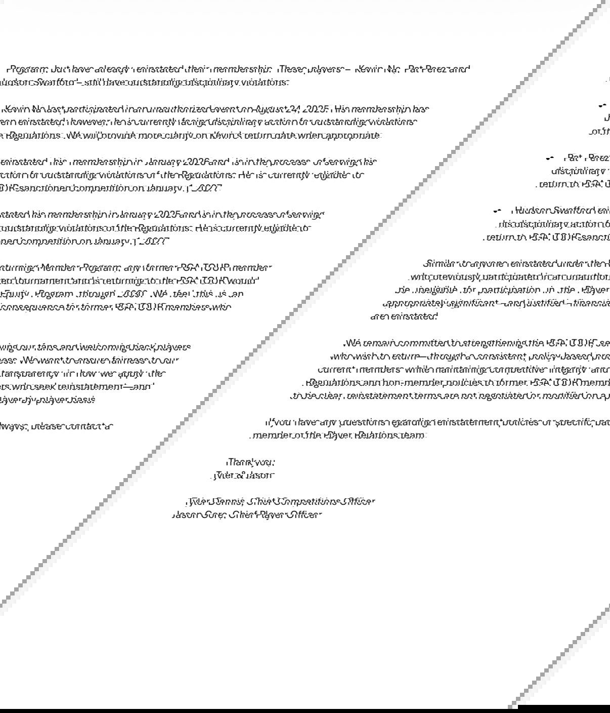 The PGA Tour are not expecting Rahm, DeChambeau and Smith to return