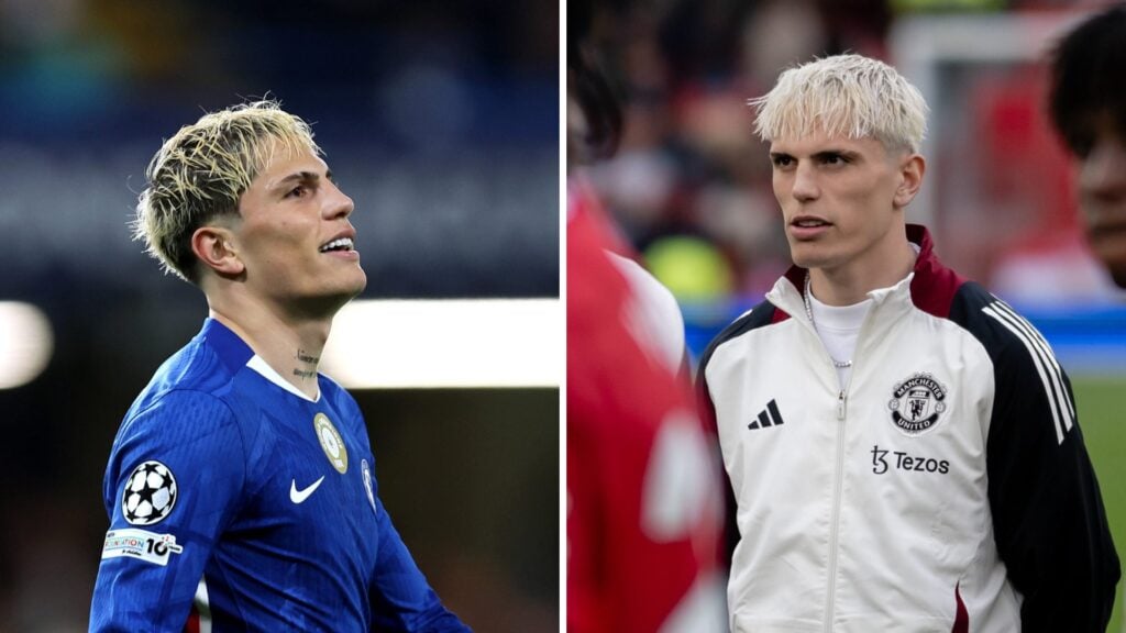 Alejandro Garnacho split image in Chelsea and Man Utd colours