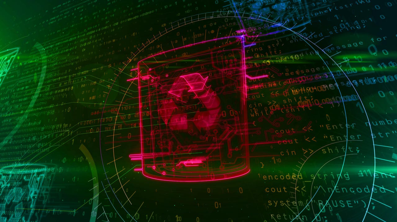 Computer trash symbol on dynamic digital background. Glowing digital data delete icon abstract 3d illustration. Bright recycling sign.