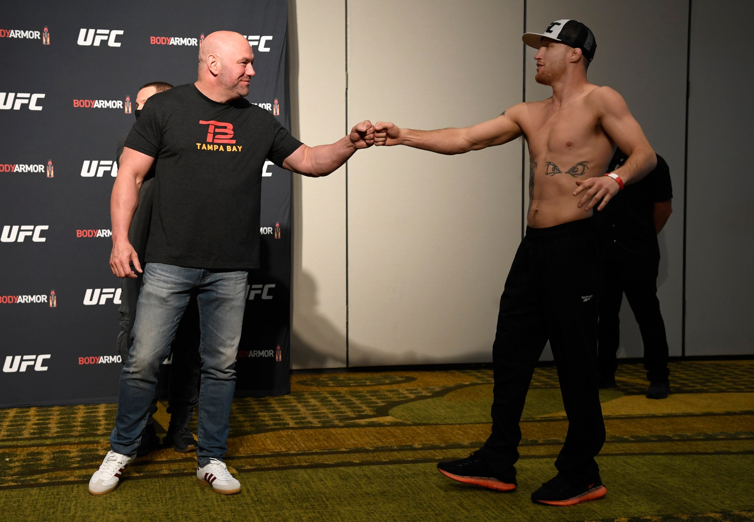 JACKSONVILLE, FLORIDA - MAY 08: UFC president Dana White greets Justin Gaethje during the UFC 249 official weigh-in on May 08, 2020 in Jacksonville, Florida. (Photo by Mike Roach/Zuffa LLC)