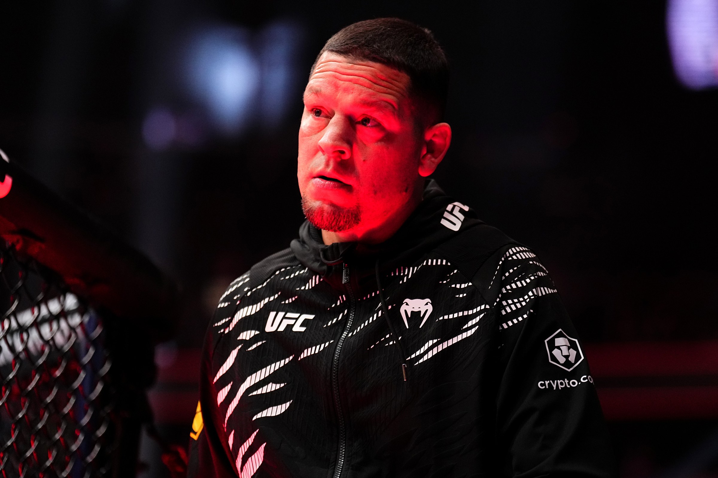 LAS VEGAS, NEVADA - DECEMBER 07: Nate Diaz is seen in the corner of Kron Gracie during the UFC 310 event at T-Mobile Arena on December 07, 2024 in Las Vegas, Nevada. (Photo by Chris Unger/Zuffa LLC)