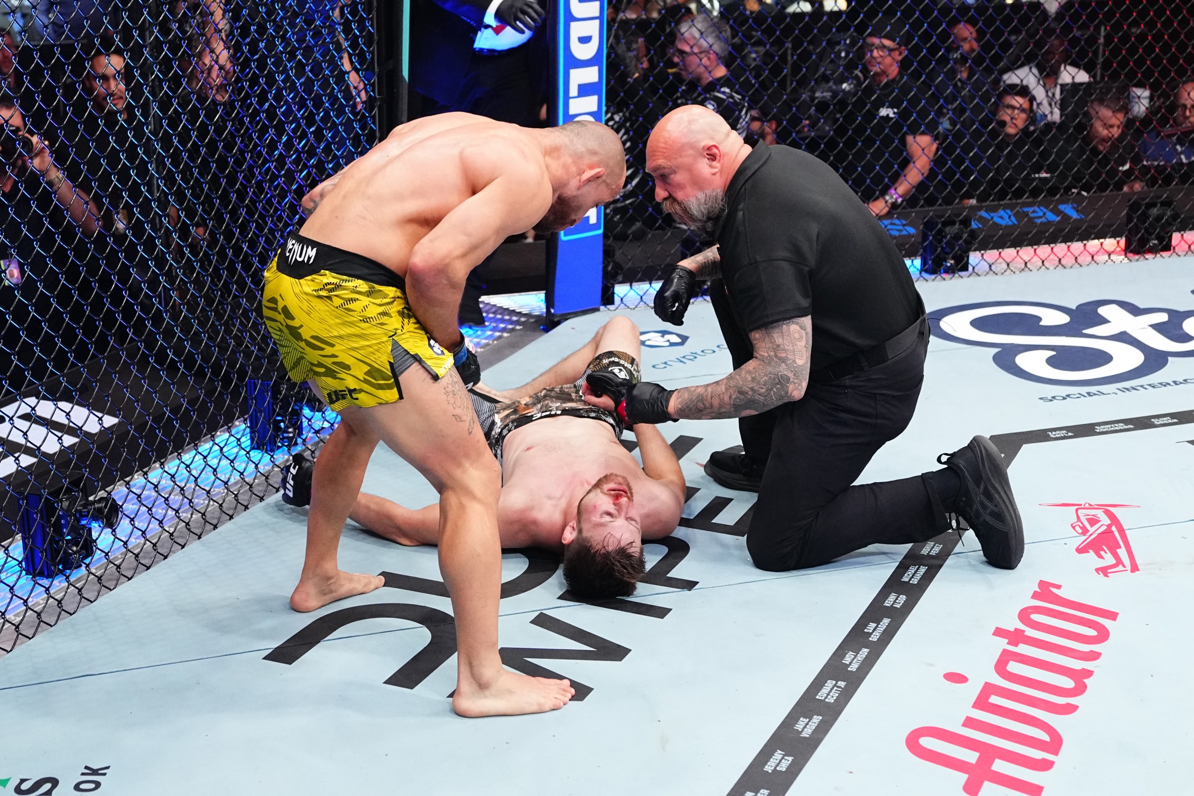 MIAMI, FLORIDA - APRIL 12: Jean Silva of Brazil reacts after a submission victory against Bryce Mitchell in a featherweight bout during the UFC 314 event at Kaseya Center on April 12, 2025 in Miami, Florida. (Photo by Jeff Bottari/Zuffa LLC)
