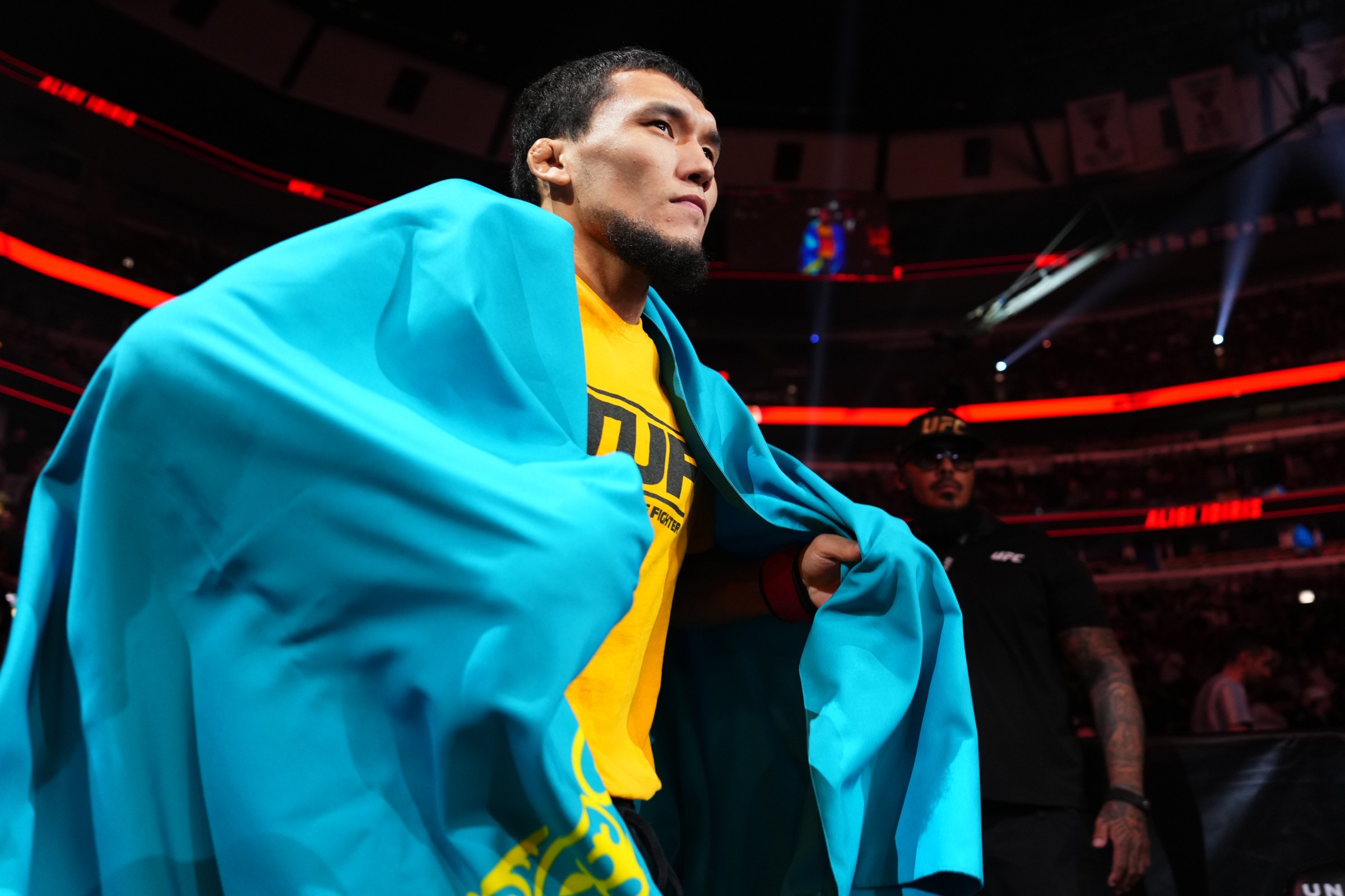 CHICAGO, ILLINOIS - AUGUST 16: Alibi Idiris of Kazakstan prepares to face Joseph Morales in a flyweight fight during the UFC 319 event at the United Center on August 16, 2025 in Chicago, Illinois. (Photo by Cooper Neill/Zuffa LLC)