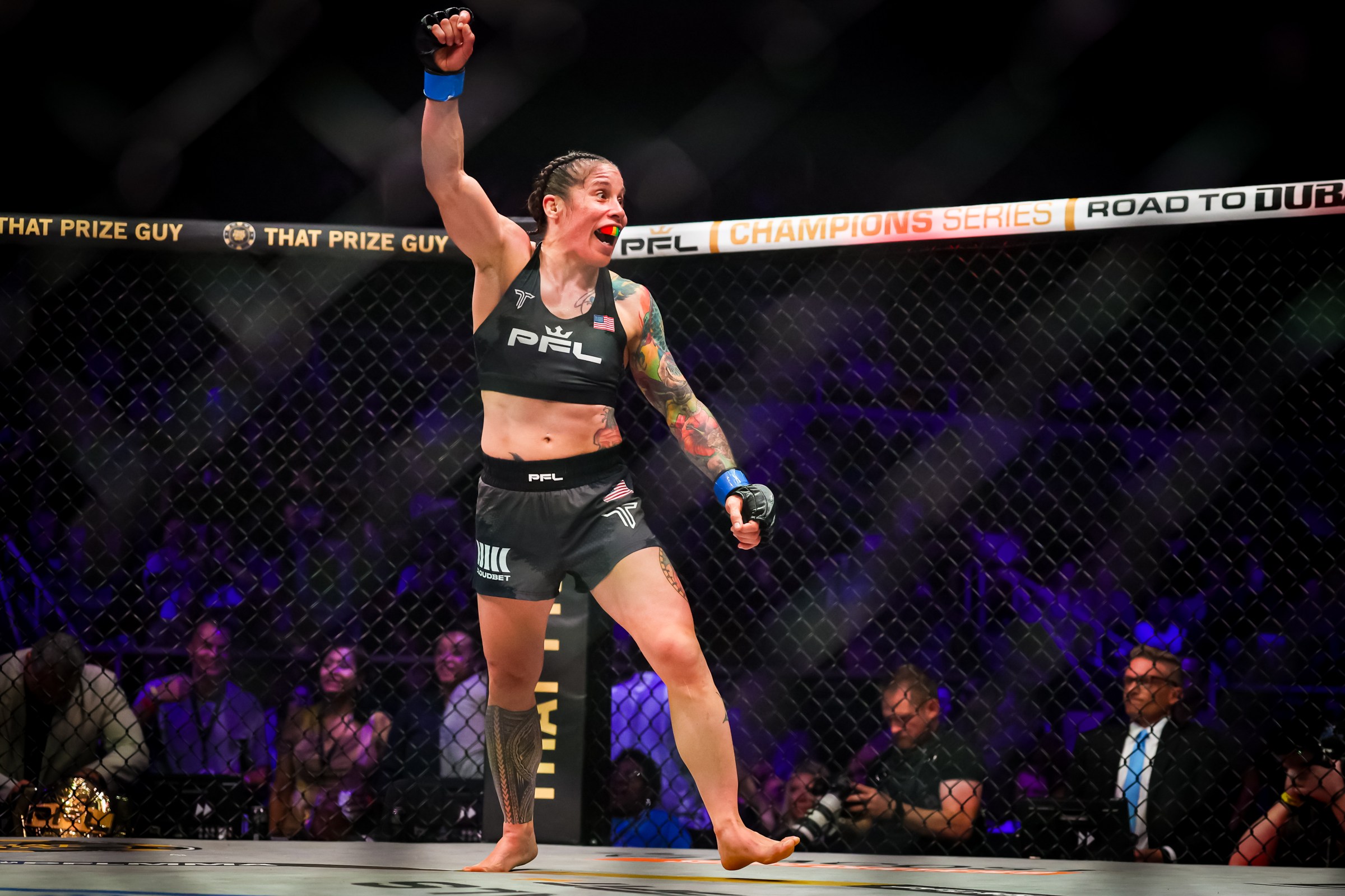 CHARLOTTE, NORTH CAROLINA - AUGUST 15: Liz Carmouche of United States reacts after defeating Jena Bishop during the 2025 PFL World Tournament Finals at Bojangles Coliseum on August 15, 2025 in Charlotte, North Carolina. (Photo by David Jensen/Getty Images)