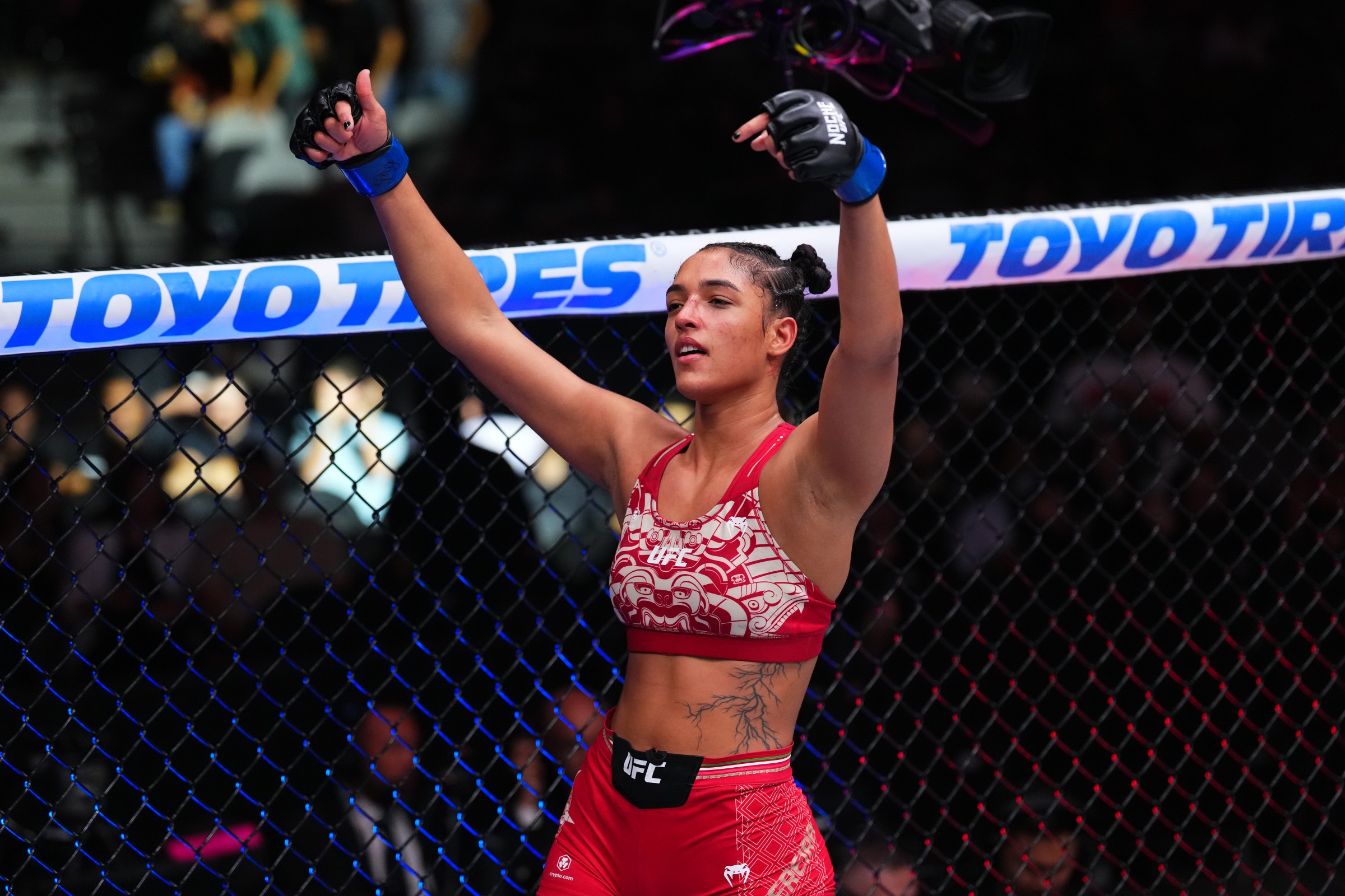 SAN ANTONIO, TEXAS - SEPTEMBER 13: Alice Pereira of Brazil reacts after facing Montse Rendon of Mexico in a bantamweight fight during the Noche UFC event at Frost Bank Center on September 13, 2025 in San Antonio, Texas. (Photo by Cooper Neill/Zuffa LLC via Getty Images)