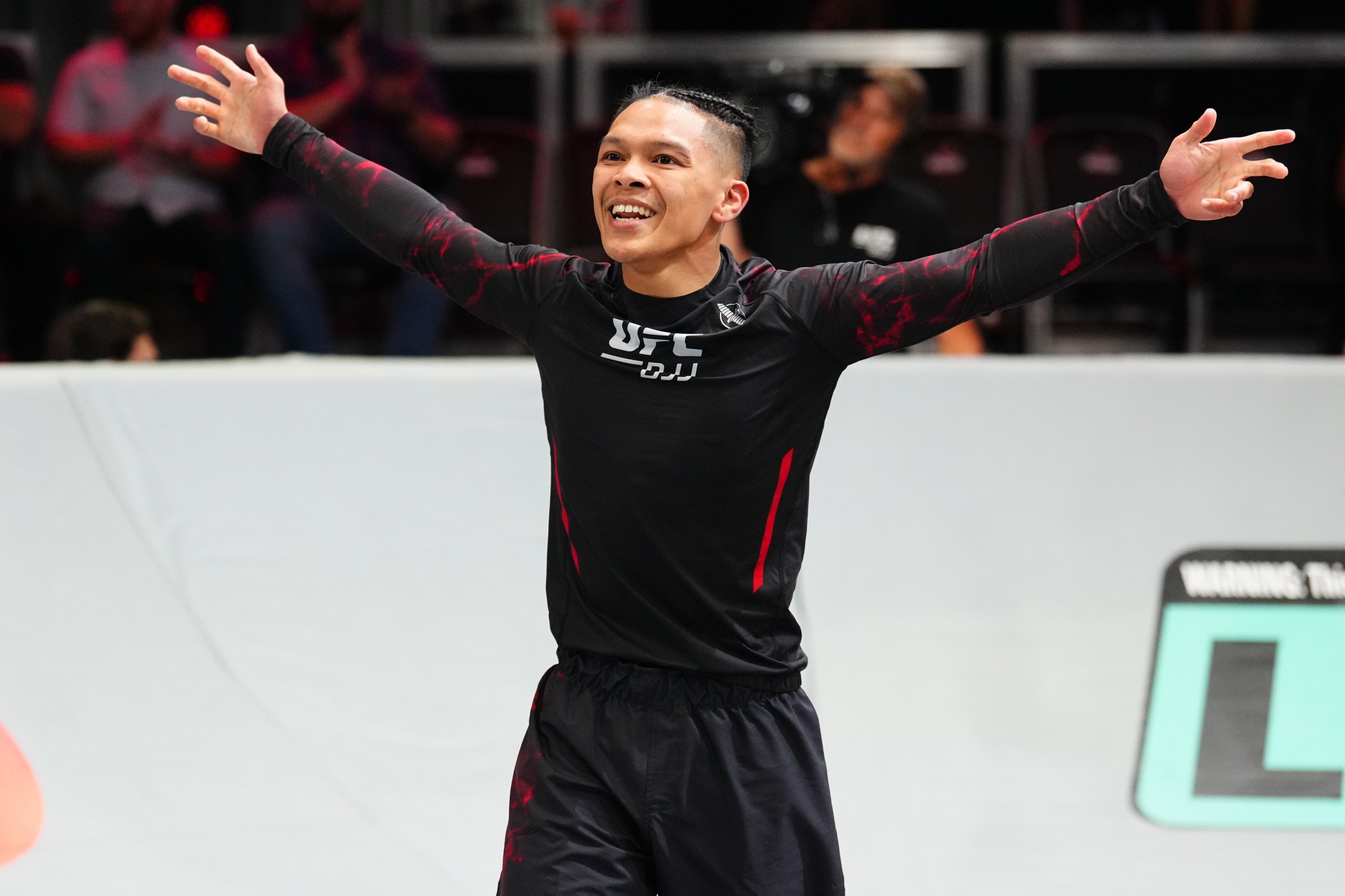LAS VEGAS, NEVADA – OCTOBER 02: Jalen Fonacier reacts after a submission victory against Pedro Nakano in a 135-pound match during the UFC BJJ 3 event at UFC APEX on October 02, 2025 in Las Vegas, Nevada.