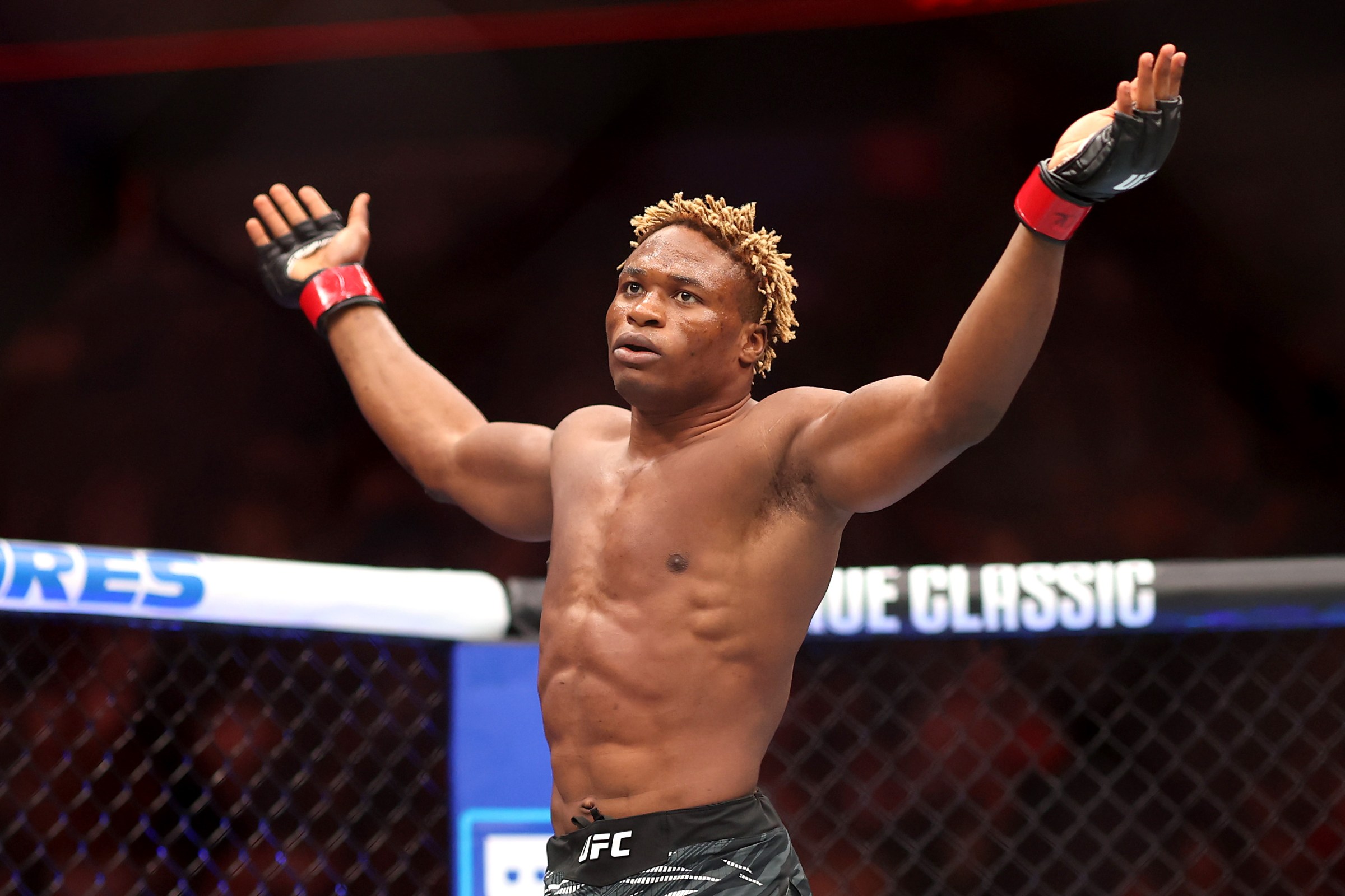 LAS VEGAS, NEVADA - OCTOBER 04: Ateba Gautier of Cameroon celebrates after defeating Tre’ston Vines of the United States by KO during their middleweight bout in UFC 320: Ankalaev vs Pereira 2 at T-Mobile Arena on October 04, 2025 in Las Vegas, Nevada. (Photo by Sean M. Haffey/Getty Images)