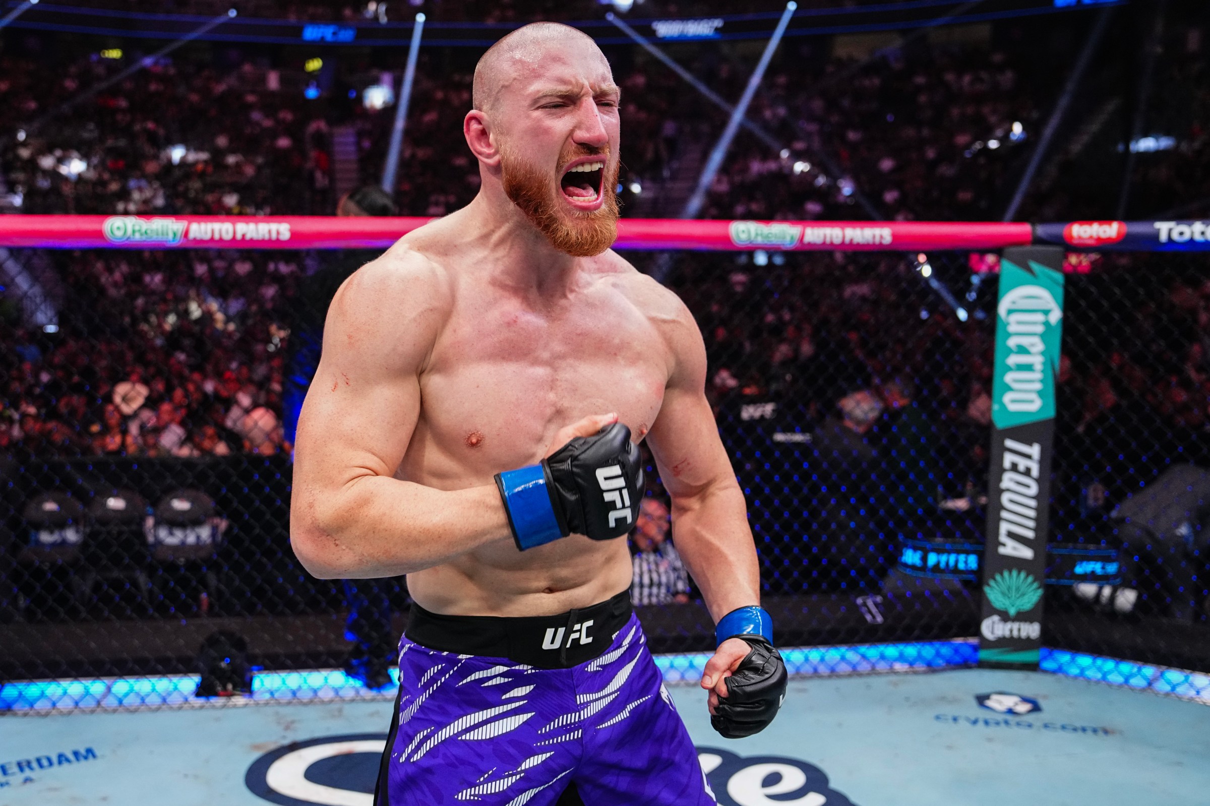 LAS VEGAS, NEVADA - OCTOBER 04: Joe Pyfer reacts to his win in a middleweight fight during the UFC 320 event at T-Mobile Arena on October 04, 2025 in Las Vegas, Nevada. (Photo by Jeff Bottari/Zuffa LLC)