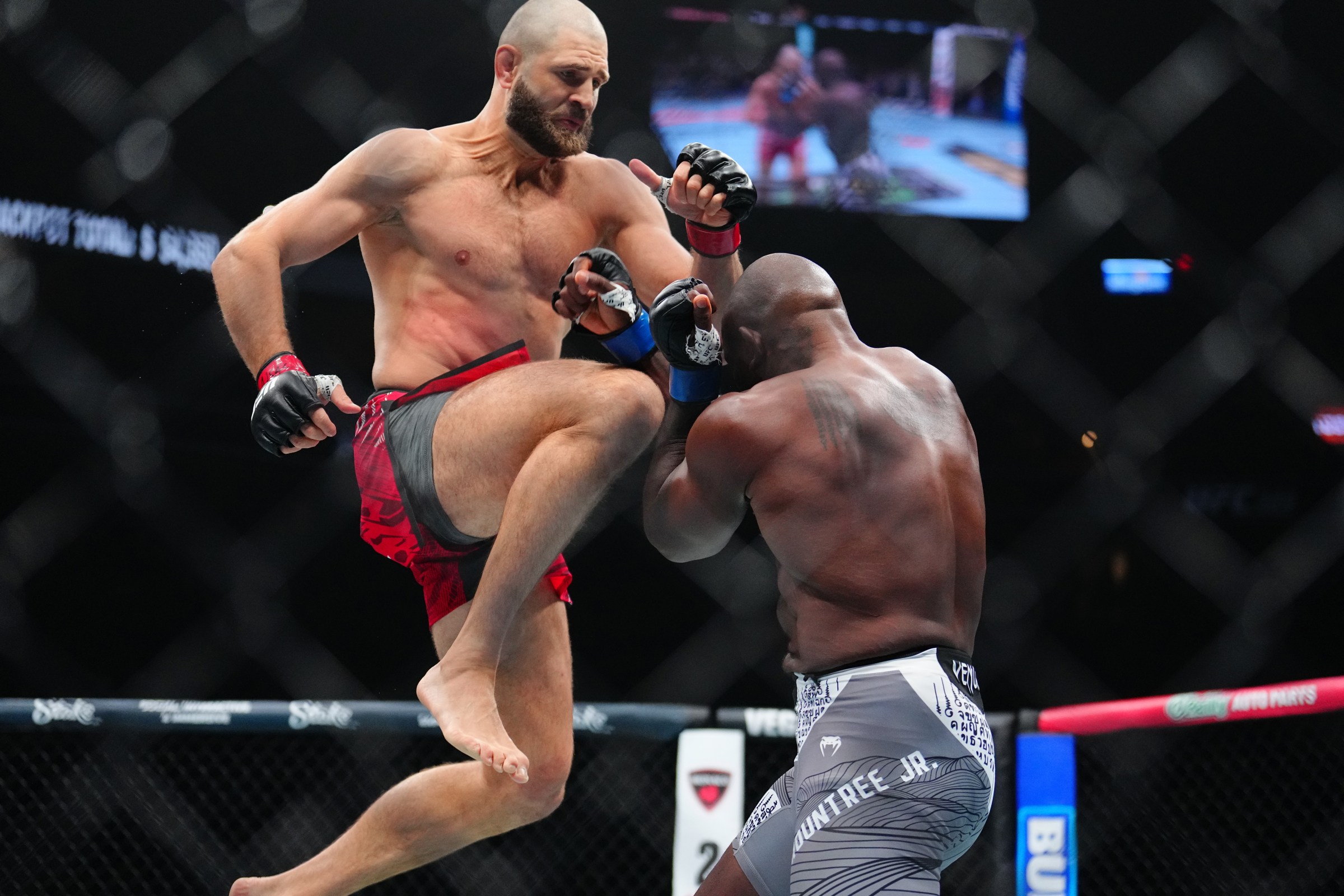 LAS VEGAS, NEVADA - OCTOBER 04: (L-R) Jiri Prochazka of the Czech Republic strikes Khalil Rountree Jr. in a light heavyweight fight during the UFC 320 event at T-Mobile Arena on October 04, 2025 in Las Vegas, Nevada. (Photo by Chris Unger/Zuffa LLC)