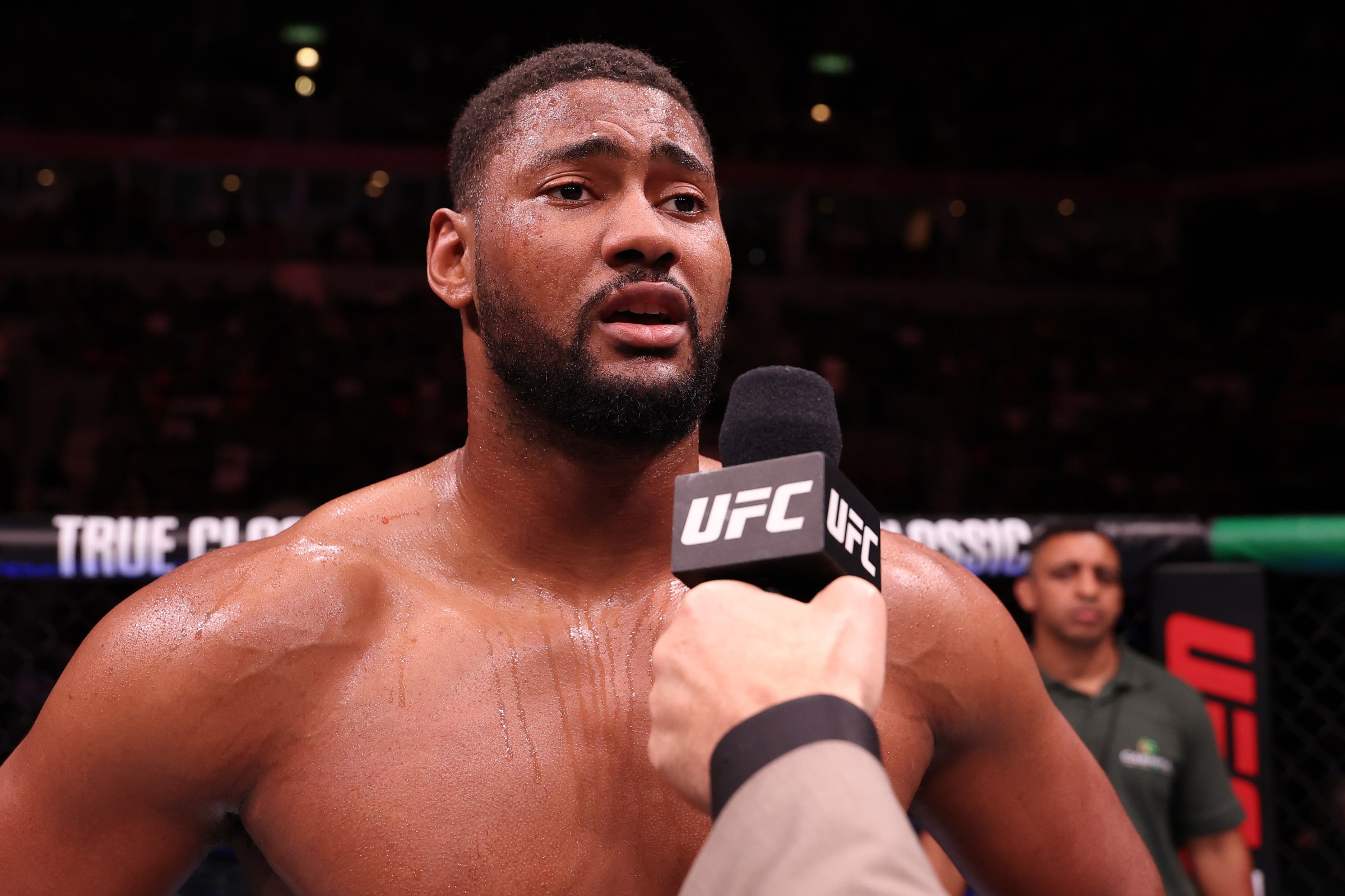 RIO DE JANEIRO, BRAZIL - OCTOBER 11: Mario Pinto of Portugal reacts after a victory against Jhonata Diniz of Brazil in a heavyweight fight during the UFC Fight Night event at Farmasi Arena on October 11, 2025 in Rio de Janeiro, Brazil. (Photo by Ed Mulholland/Zuffa LLC)