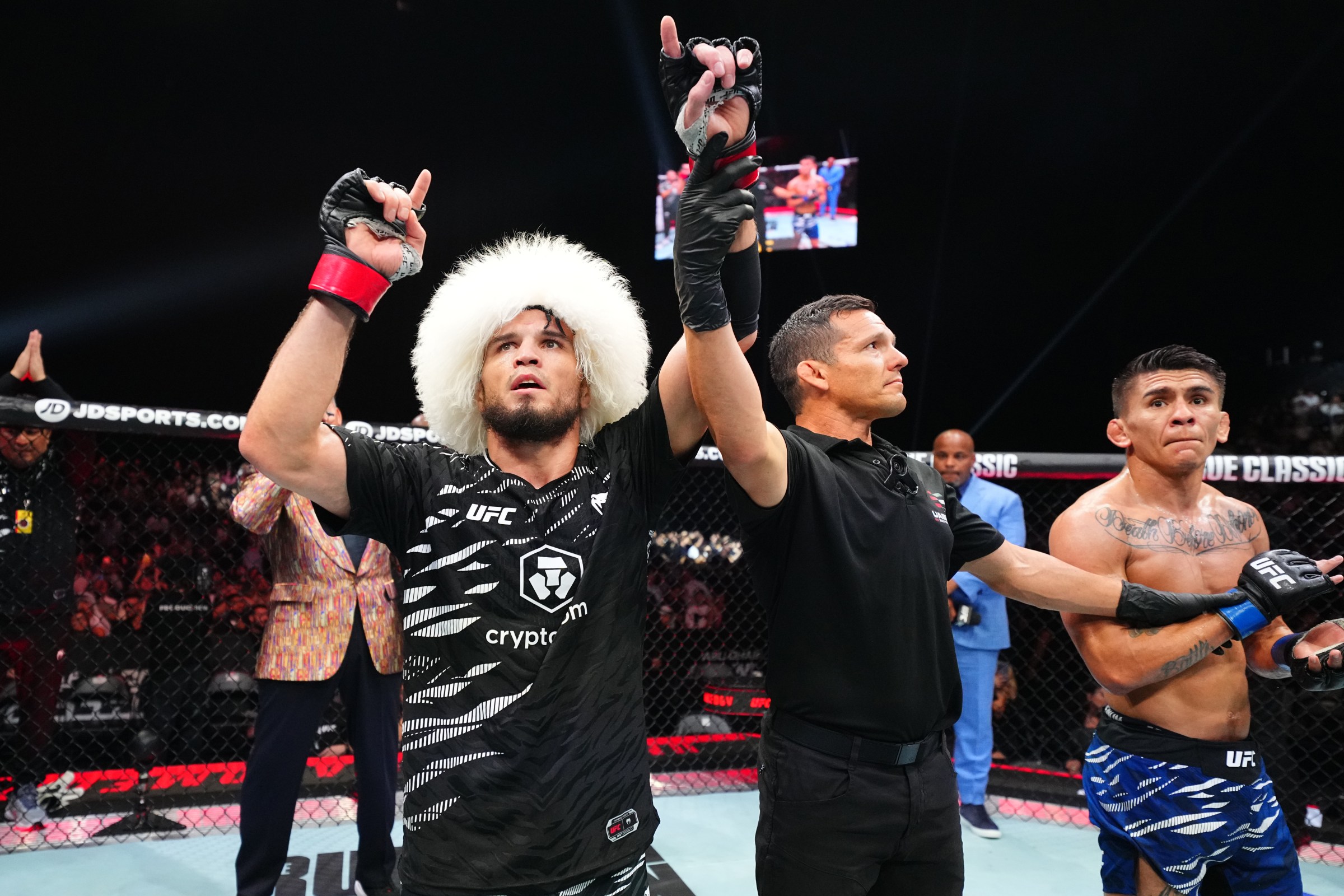 ABU DHABI, UNITED ARAB EMIRATES - OCTOBER 25: Umar Nurmagomedov of Russia reacts after a victory against Mario Bautista in a bantamweight fight during the UFC 321 event at Etihad Arena on October 25, 2025 in Abu Dhabi, United Arab Emirates. (Photo by Chris Unger/Zuffa LLC)