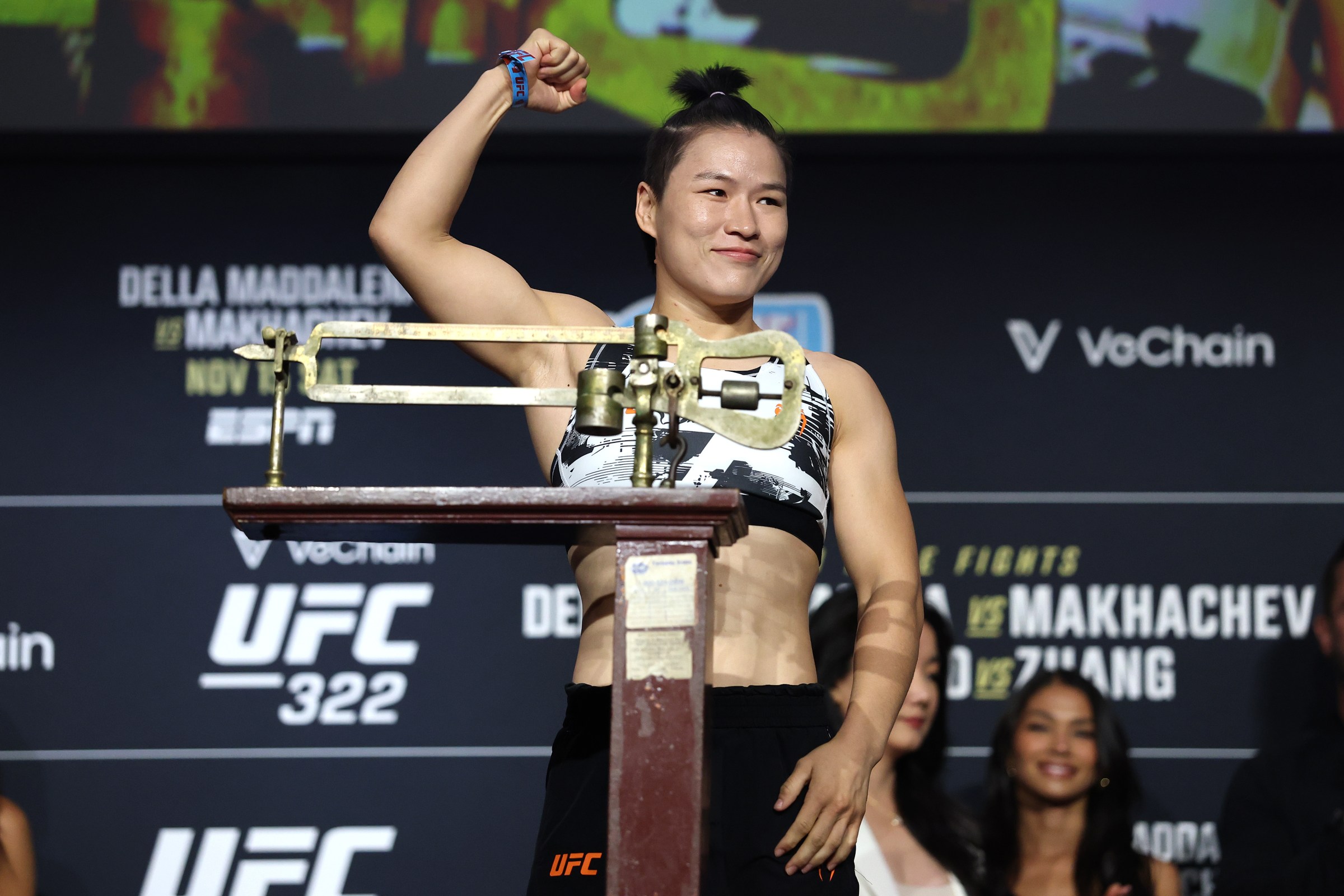 NEW YORK, NEW YORK - NOVEMBER 14: Zhang Weili of China poses on the scale during the UFC 322 ceremonial weigh-in at The Theater at Madison Square Garden on November 14, 2025 in New York City. (Photo by Ishika Samant/Getty Images)